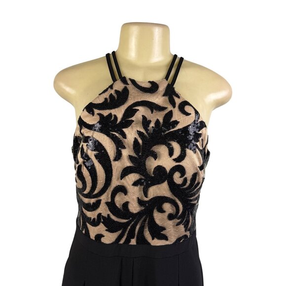 Nightway Womens Black Sequin Embellished Halter Jumpsuit Mesh Overlay Size 8 - Picture 4 of 10
